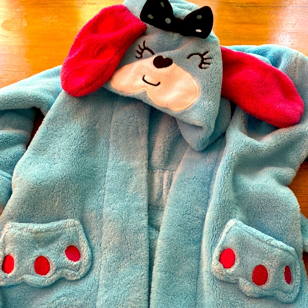 3T kids Blue puppy fleece hooded robe UNISEX